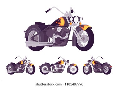 Chopper custom motorcycle bright black set. Motor vehicle, big, heavy machine in classic design with flame and fire print. Vector flat style cartoon illustration isolated on white background