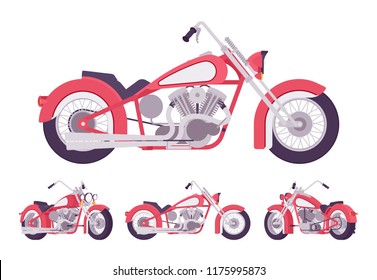 Chopper custom motorcycle bright red set. Motor vehicle, big, heavy machine in classic design for extrme sport and city enjoyment. Vector flat style cartoon illustration isolated on white background