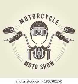 Chopper moto handlebar and vintage motorcycle helmet, vector emblem