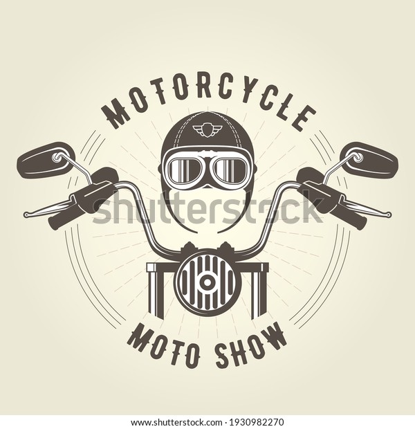 Chopper moto handlebar and vintage motorcycle\
helmet, vector emblem