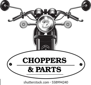 Chopper motorcycle front side black and white vector illustration as template for motorcycles store logo or bikers club .
