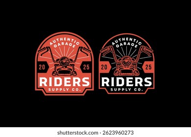 chopper motorcycle front top retro badge logo vector design set for garage, workshop, biker, racer, rider. handlebar, brake and lights motorbike vintage emblem label illustration logo collections