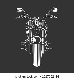 Chopper motorcycle front view isolated on white background. Black and white vector illustration.