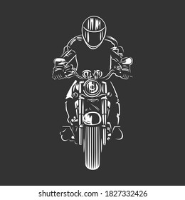 Chopper motorcycle front view isolated on black background. Black and white vector illustration.