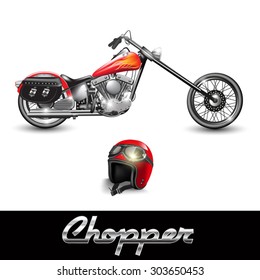 Chopper motorcycle and helmet with goggles. Vector illustration