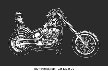 Chopper Motorcycle, Motor Vehicle Transport, Vector Line art illustration on a black Background