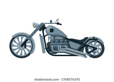 Chopper Motorcycle, Motorbike Vehicle, Side View Flat Vector Illustration