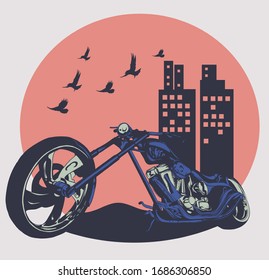 Chopper motorcycle out of urban illustration 