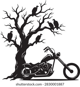 Chopper motorcycle parked under dead tree with vultures silhouette vector illustration