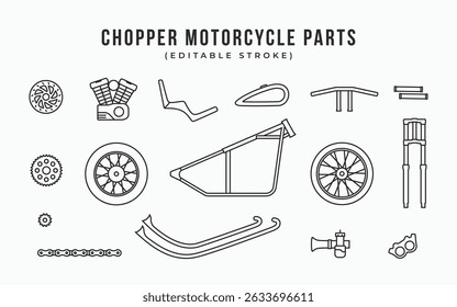 Chopper motorcycle parts icons set simple line art outline style. Editable stroke motorcycle spare parts components symbol icon