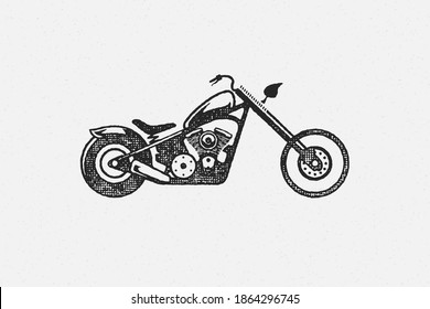 Chopper motorcycle silhouette side view hand drawn ink stamp vector illustration. Classic vintage motorbike emblem grunge texture effect for poster or label decoration