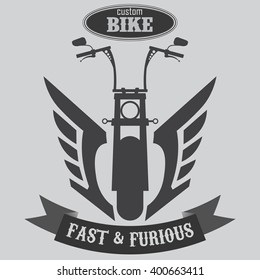 Chopper Motorcycle silhouette with two wings. vector flat illustration. Grey background