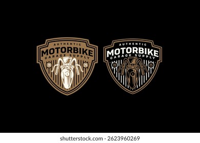 chopper motorcycle top view retro badge logo vector design set for garage, workshop, biker, racer, rider. motorbike vintage emblem logo collections. front of motorcycle illustration label element.