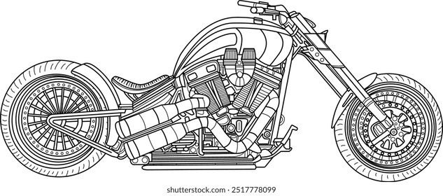 Chopper Motorcycle Vector Line Art Design Art Gothic Retro Vintage Handdraw Motorbike Motor Classic Black White Motorhead Ride Road Shirt Tshirt Component Design 