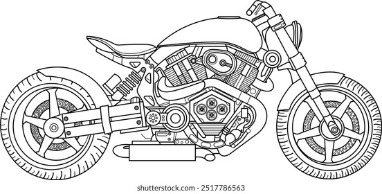 Chopper Motorcycle Vector Line Art Design Art Gothic Retro Vintage Handdraw Motorbike Motor Classic Black White Motorhead Ride Road Shirt Tshirt Component Design 