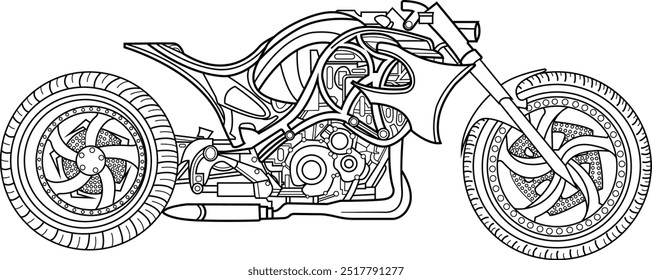 Chopper Motorcycle Vector Line Art Design Art Gothic Retro Vintage Handdraw Motorbike Motor Classic Black White Motorhead Ride Road Shirt Tshirt Component Design 