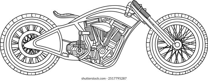 Chopper Motorcycle Vector Line Art Design Art Gothic Retro Vintage Handdraw Motorbike Motor Classic Black White Motorhead Ride Road Shirt Tshirt Component Design 