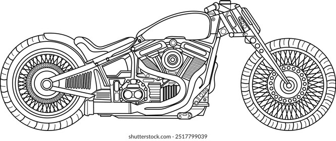 Chopper Motorcycle Vector Line Art Design Art Gothic Retro Vintage Handdraw Motorbike Motor Classic Black White Motorhead Ride Road Shirt Tshirt Component Design 