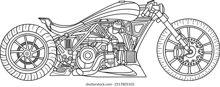 Chopper Motorcycle Vector Line Art Design Art Gothic Retro Vintage Handdraw Motorbike Motor Classic Black White Motorhead Ride Road Shirt Tshirt Component Design 