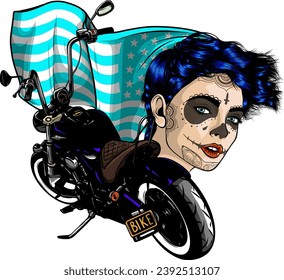 chopper skull biker with retro helmet and custom bike vector illustration