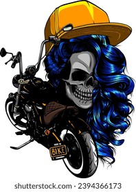 chopper skull biker with retro helmet and custom bike vector illustration