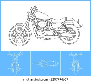 Chopper Template. Transportation Outline Stroke Template. Blue Print Layout. Fit For Warp Sticker, Air Brush, Vinyls, Recolor Project. Vector Eps 10.