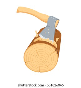 Chopping ax log. Repair tool. Joinery, woodcutter, lumberjack, builder or carpenter instruments. Woodworking process vector illustration. Handmade with hatchet isolated on white.