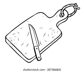 chopping block and knife / cartoon vector and illustration, black and white, hand drawn, sketch style, isolated on white background.