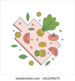 Chopping board with the cut flying vegetables. Flat line. Organic cooking. Vector illustration