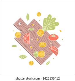 Chopping board with the cut vegetables. Flat line. Organic cooking. Vector illustration