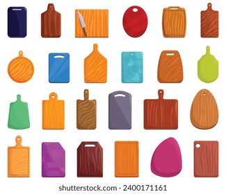 Chopping board icons set cartoon vector. Wooden cutting. Wood plank cut