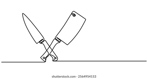 Chopping Knife Continuous Line Icon, Cleaver icon line continuous drawing vector. One line Cleaver vector background. kitchen knife icon. Continuous outline of a chef's knife, pro vector illustration.