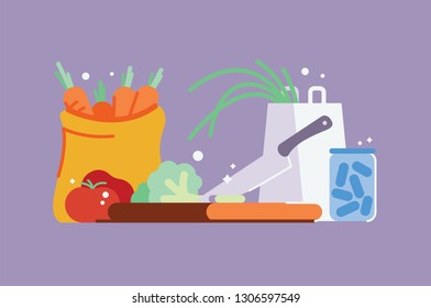 Chopping vegetables and groceries illustration set