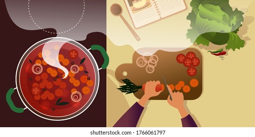 Comprando verduras en una tabla de despiece para el borsch. Ilustración de parodia de vectores de vista superior para página de inicio de diseño o banner de publicidad de diseño.