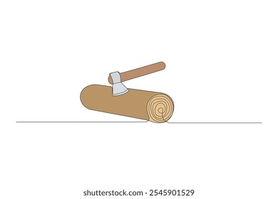 Corte de madera continua línea de dibujo de arte. Madera con Vector de contorno de hacha aislado sobre fondo blanco.