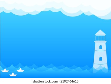 choppy ocean background illustration with paper boats and lighthouse