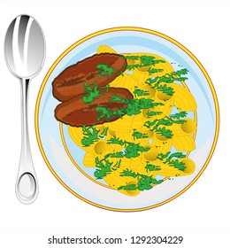 The Chops with noodle ed by verdure.Vector illustration