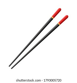 Chopstick for chinese sushi, japan hashi. Wooden black chop stick with red strip isolated on white background. Japanese, asian cuisine in restaurant. Traditional bamboo stick for fish, noodle. Vector.