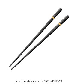 Chopstick para sushi chino, japón hashi. Palo de corcho negro de madera con tira amarilla aislado sobre fondo blanco. Cocina japonesa y asiática en el restaurante. Palo de bambú para peces, fideos. Vector.