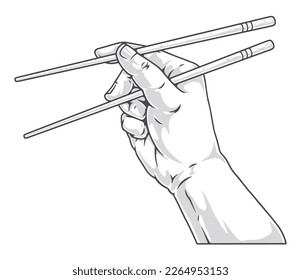 Chopstick in hand monochrome vintage label with fingers with bamboo steel cutlery for traditional Asian food vector illustration