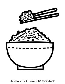 chopsticks and bowl of rice / cartoon vector and illustration, black and white, hand drawn, sketch style, isolated on white background.