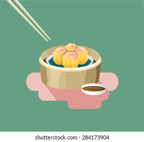 Chopsticks and Chinese traditional food - Dimsum Siewmai and sauce.