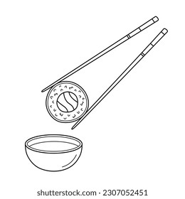 Chopsticks dipping sushi roll with salmon in soy sauce. Line vector illustration isolated on white background.