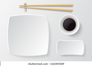 Chopsticks And Empty Sushi Plate. Asian Restaurant Dishes Vector Mockup. Japanese Plate Restaurant For Dinner Meal Illustration