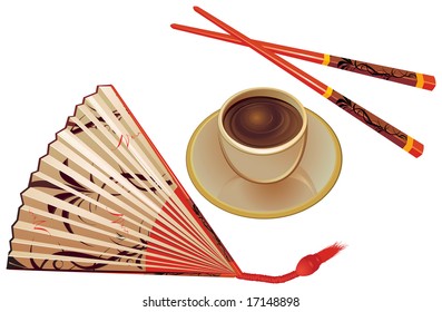 Chopsticks , fan and cup of tea.