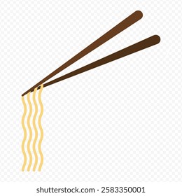 Chopsticks with food icon set. Wooden Chopsticks with Sushi, Ramen, Noodle, Shrimp Tempura, Sliced Beef, Dumpling isolated on white background.