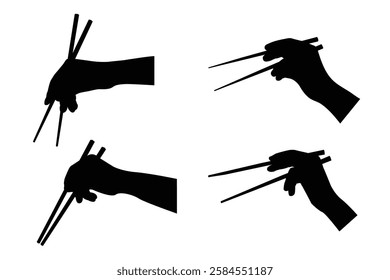 chopsticks of hand holding vector icon set illustration isolated on white background. chopsticks silhouette and logo art work.