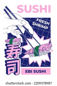 chopsticks are held in the hand . Vector illustration ebi sushi (text translation: sushi).