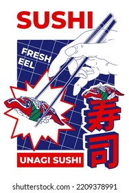 los palillos se sostienen en la mano. Ilustración vectorial unagi sushi (traducción de texto: sushi).