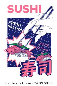 chopsticks are held in the hand . Vector illustration Sake sushi (text translation: sushi).